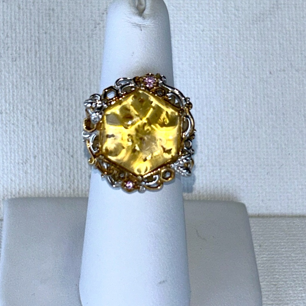 NWOT Rare Honey Amber Amethyst Sterling 18K Plate Gems en Vogue Designer Ring